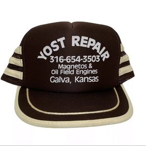 Vintage Repair Company Snapback Trucker Hat Three Stripe Cap Kansas Brown